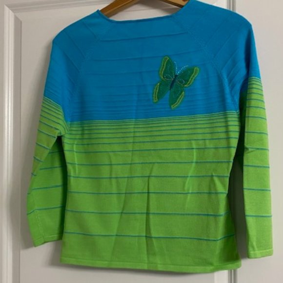 New HUME 3/4-slv TURQUOISE LIME SWEATER Applique Embroidered BUTTERFLIES * M - Picture 8 of 11